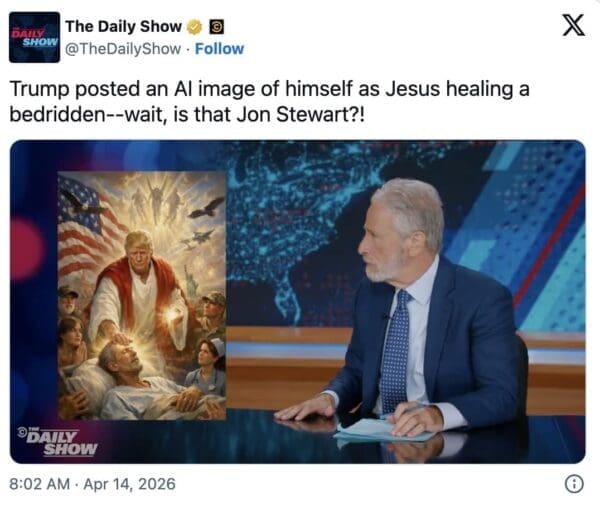 A meta Trump Jesus meme tweet from The Daily Show. It displays the original AI image Trump shared on the left and a photo of host Jon Stewart on the right, highlighting the hilarious realization that the bedridden man being "healed" in the painting looks exactly like Stewart.