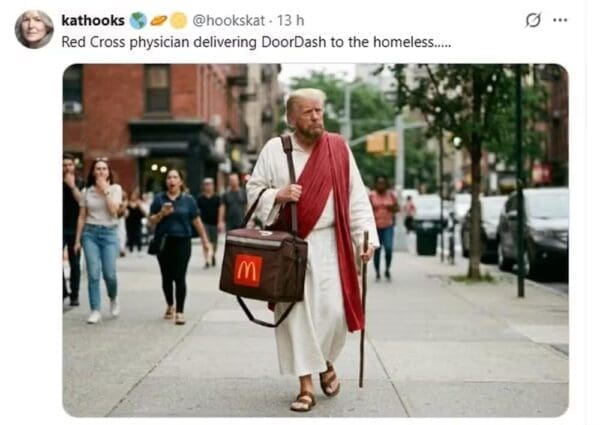 An unhinged Trump Jesus meme tweet from @hookskat showing an AI-generated Trump in full biblical robes and sandals walking down a modern city street. He holds a wooden staff in one hand and a McDonald's DoorDash thermal bag in the other, labeled as a "Red Cross physician."