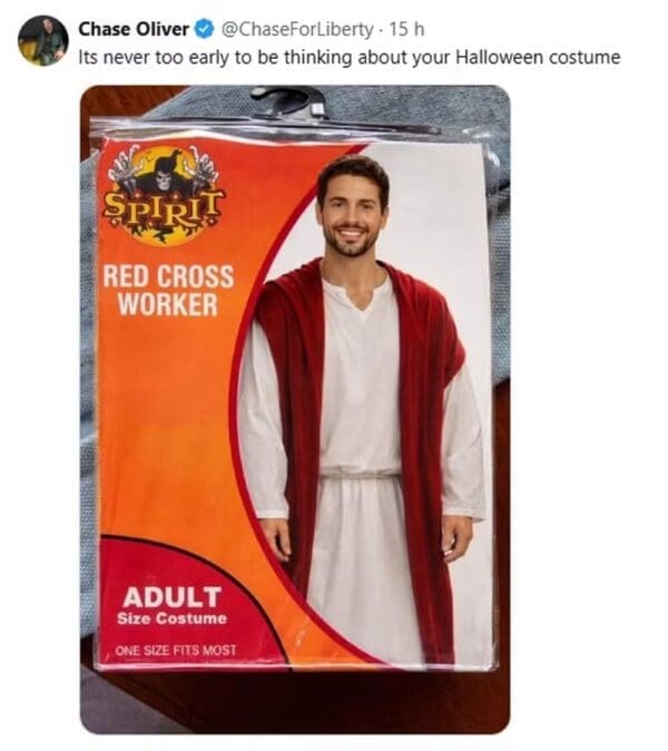 A satirical Trump Jesus meme showing a photoshopped Spirit Halloween costume bag. While the package contains a standard Jesus robe and sash, the label has been changed to "RED CROSS WORKER," poking fun at the "doctor" defense.