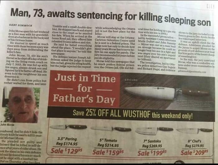 Newspaper layout accidentally placing a Wusthof knife sale ad beneath an article about a killing sentencing.