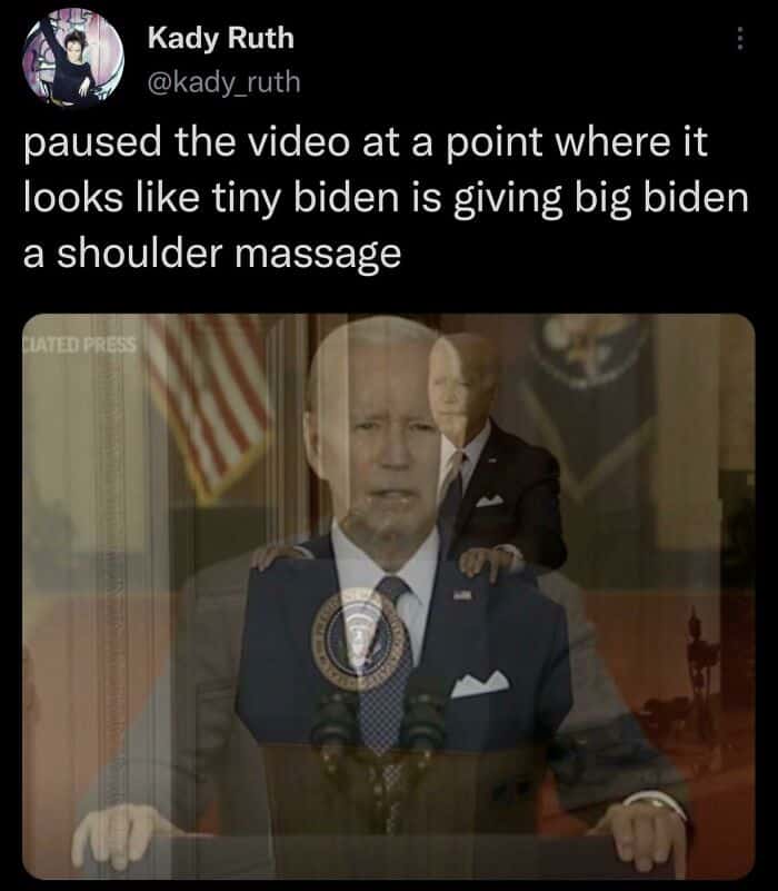 Video still with accidental double exposure making a tiny Biden appear to massage big Biden's shoulders.