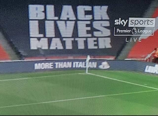 Sky Sports BLM broadcast accidentally placing "More than Italian" pasta sauce ad directly below headline.