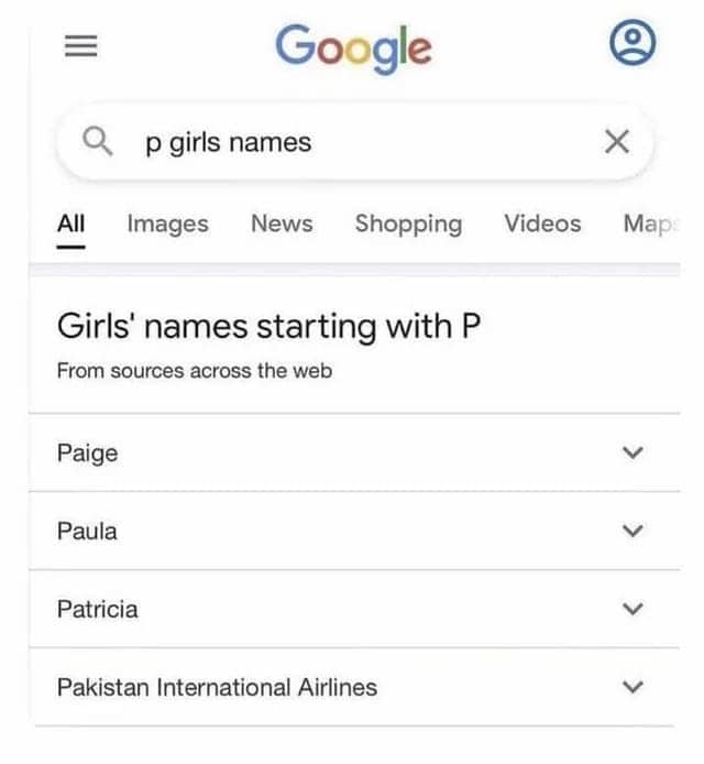 Google search for girls names starting with P listing Pakistan International Airlines among suggested results.