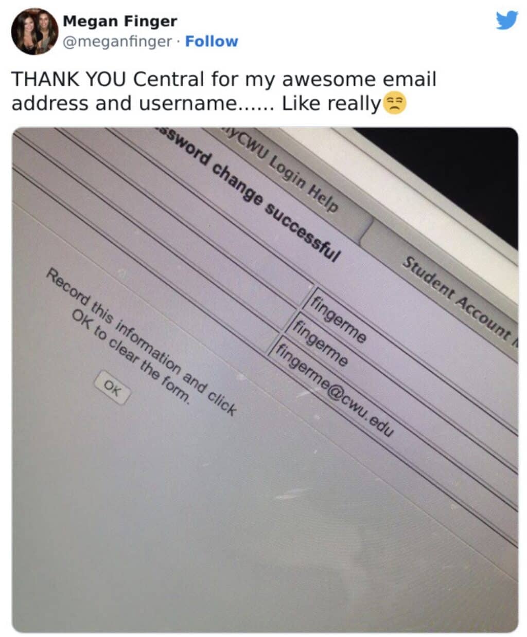 Tweet from Megan Finger sarcastically thanking her university for assigning her fingerme email username.