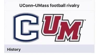 A high-octane accidentally funny sports graphic documenting the UConn-UMass football rivalry, where the giant "C" logo for UConn and the "UM" logo for UMass are paired to spell "CUM" in massive block letters.