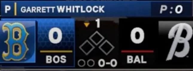 A funny sports graphic score bug for a Boston Red Sox vs. Baltimore Orioles game where the "B" logo for Boston and the "BAL" abbreviation for Baltimore spell out "B-BAL" in the center of the screen.