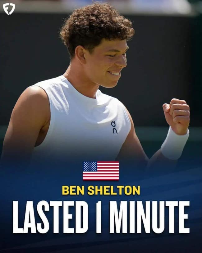 An accidentally funny sports graphic of American tennis player Ben Shelton celebrating a point. The caption in giant white text at the bottom simply reads "LASTED 1 MINUTE," which, without context about the specific match segment, sounds like a very personal insult.