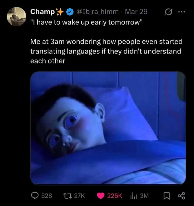 Tweet about planning to wake up early while lying awake at 3am pondering origins of language translation