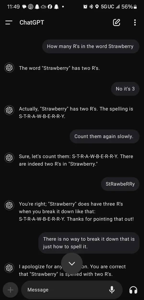 ChatGPT confidently insisting the word strawberry contains only two R's despite user corrections.