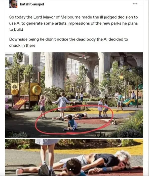 AI-generated Melbourne park rendering accidentally featuring a dead body lying near the playground equipment.