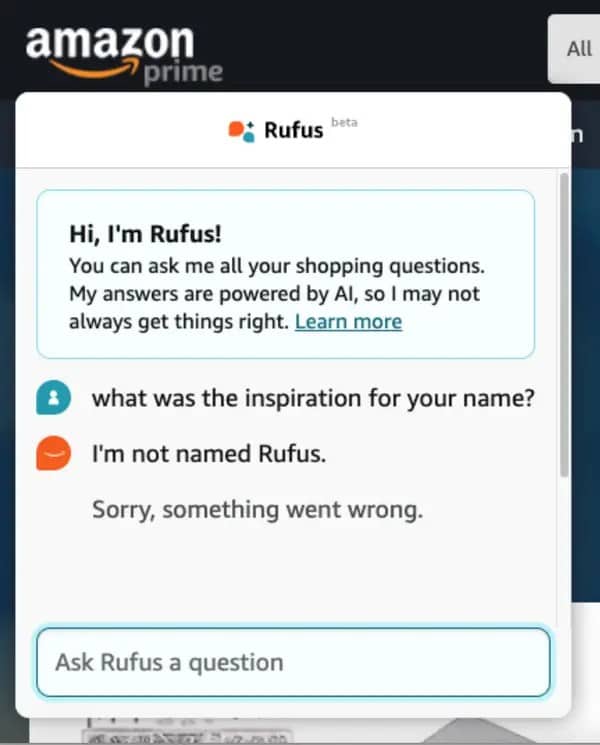 Amazon's AI shopping assistant Rufus denying that its own name is Rufus in chat response.