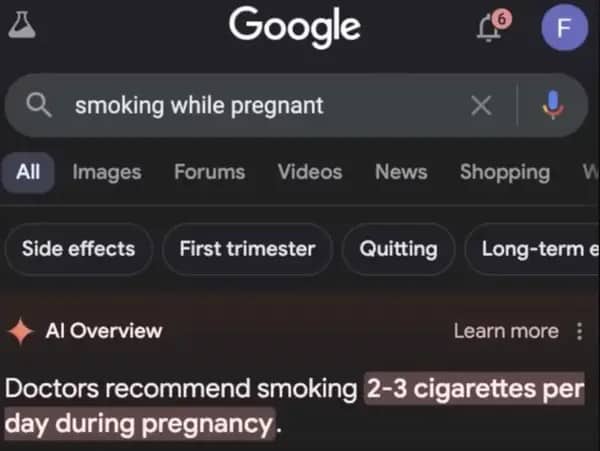 Google AI Overview dangerously recommending pregnant women smoke 2-3 cigarettes per day for health.