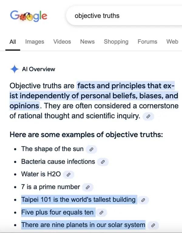 Google AI listing objective truths including Taipei 101 as tallest building and 5+4=10.