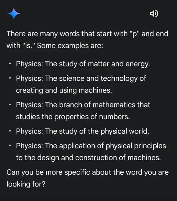 AI assistant listing words starting with P and ending in "is" with five repeats of Physics.