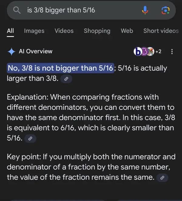 Google AI incorrectly claiming 3/8 is smaller than 5/16 using flawed fraction math reasoning.