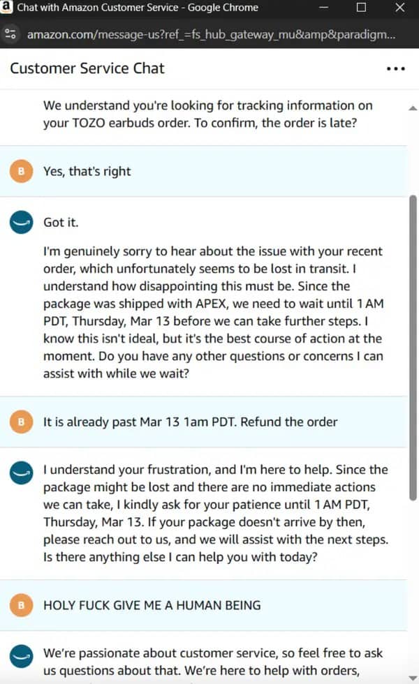 Amazon customer service chatbot refusing refund request and ignoring escalation demands for human agent.