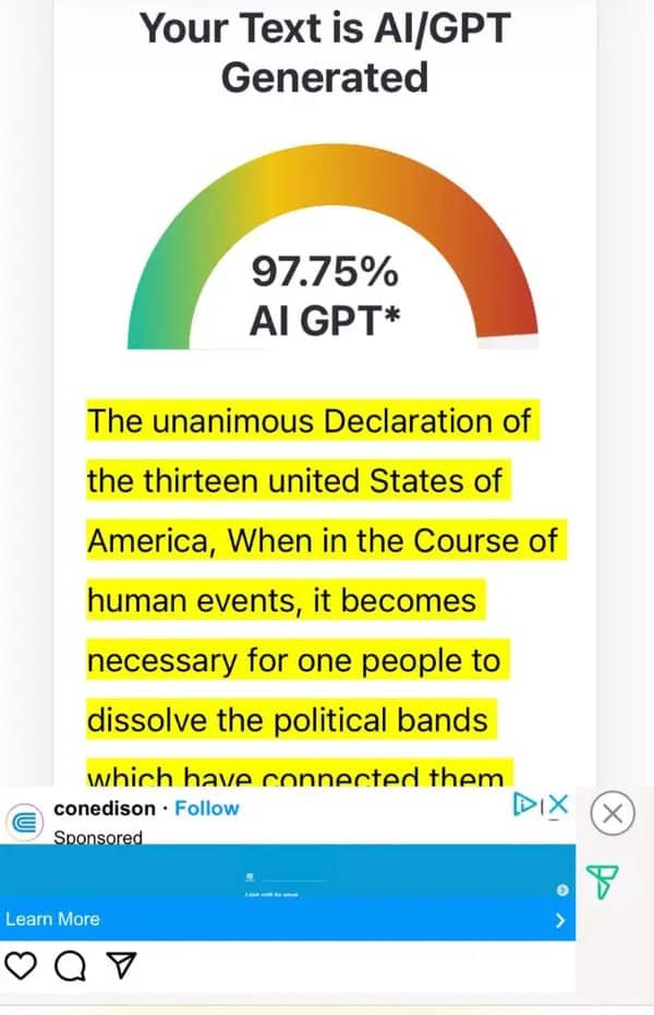 AI detector flagging the Declaration of Independence text as 97.75 percent AI-generated content.