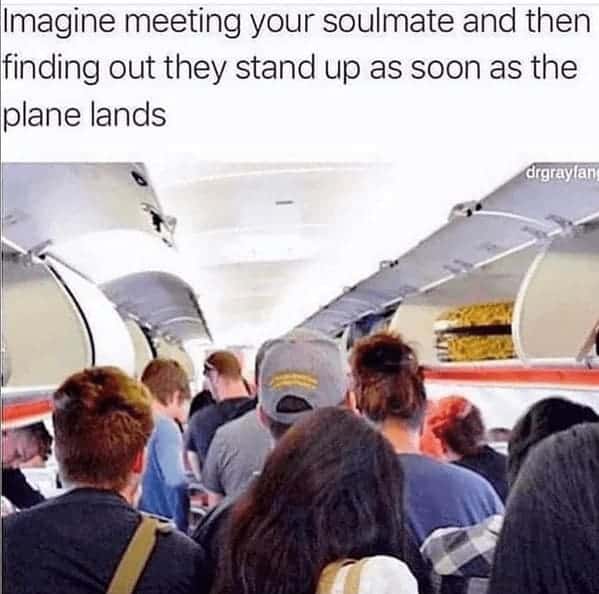 A divisive airplane meme showing a POV from the back of a crowded plane where everyone has stood up in the aisle immediately after landing. The text challenges the viewer to imagine meeting their soulmate only to realize they are one of those "standers."