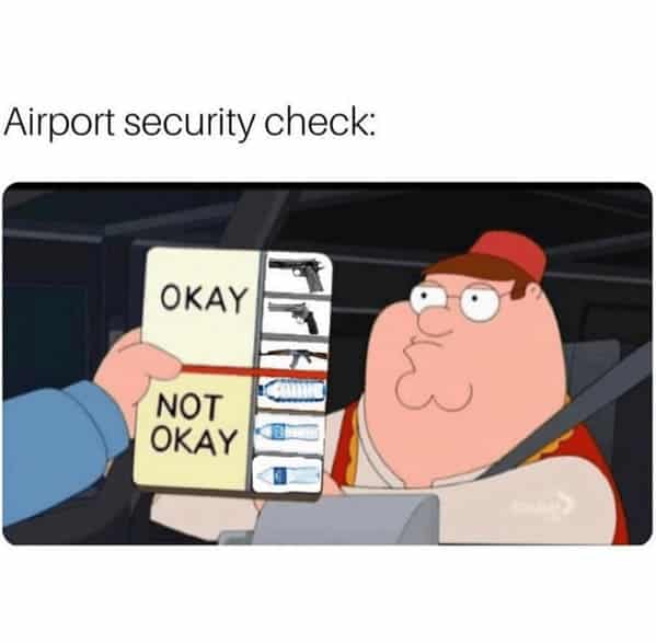 travel meme featuring Peter Griffin from Family Guy at a security checkpoint. An officer holds up a chart where various firearms are listed under "OKAY," while three different types of plastic water bottles are listed under "NOT OKAY."