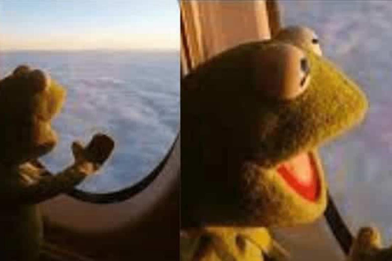 An airplane memes gallery highlighting the relatable chaos of flight, featuring a United Airlines seating chart with a "Fight Club" section, a plane interior overflowing with deployed emergency slides, and Kermit the Frog looking out a window in a state of existential wonder.