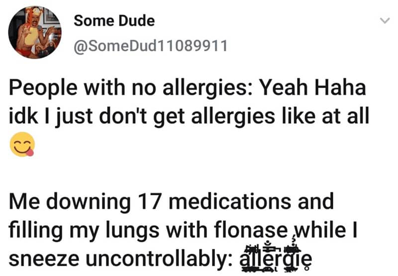 Relatable allergy meme contrasting people with no allergies versus someone taking seventeen medications sneezing uncontrollably