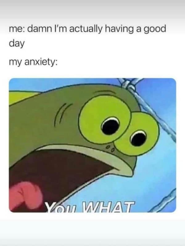 A hilarious anxiety meme featuring the shocked, bulging-eyed fish from SpongeBob SquarePants. It depicts the moment a person realizes they are actually having a good day, only for their anxiety to scream: "You WHAT."