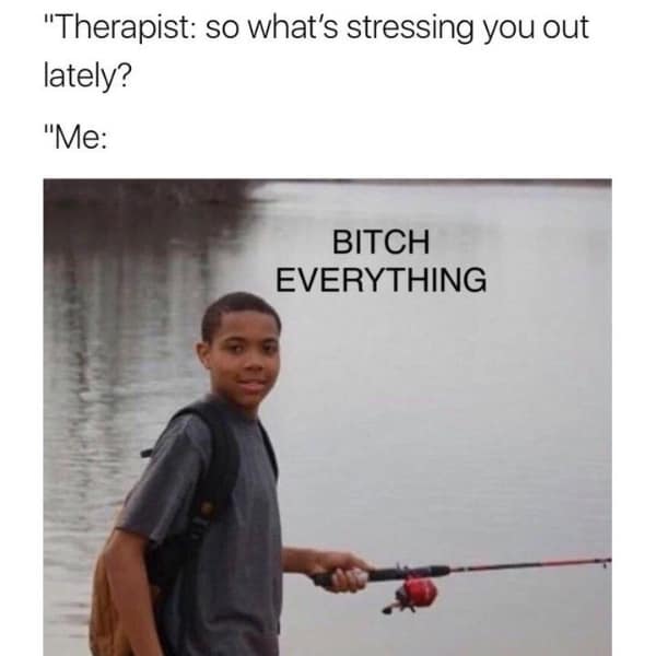A blunt anxiety meme featuring a young boy calmly holding a fishing rod by a lake. When a hypothetical therapist asks what's stressing him out lately, the massive text overlay provides the only honest answer: "BITCH EVERYTHING."