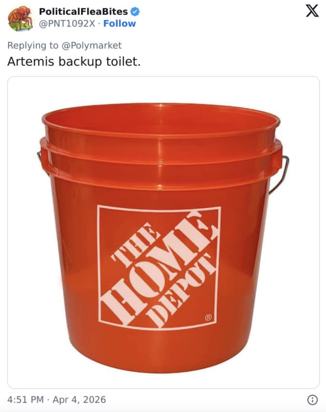 minimalist artemis ii meme featuring a high-resolution photo of a standard orange Home Depot five-gallon bucket, captioned simply: "Artemis backup toilet."