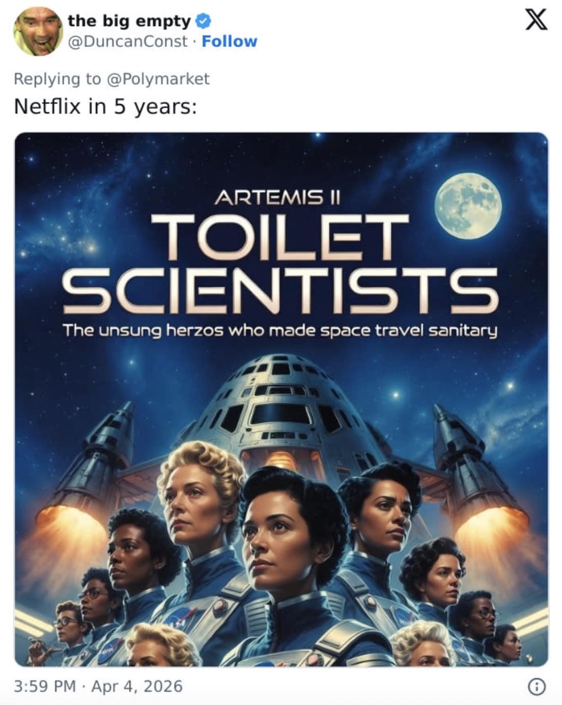 sharp-witted artemis ii meme featuring a photo of street food being prepared in highly unhygienic conditions. The tweet from The Hit Man jokes: "NASA outsourced the meal menu preparation program," linking the food to the crew's gastrointestinal woes.