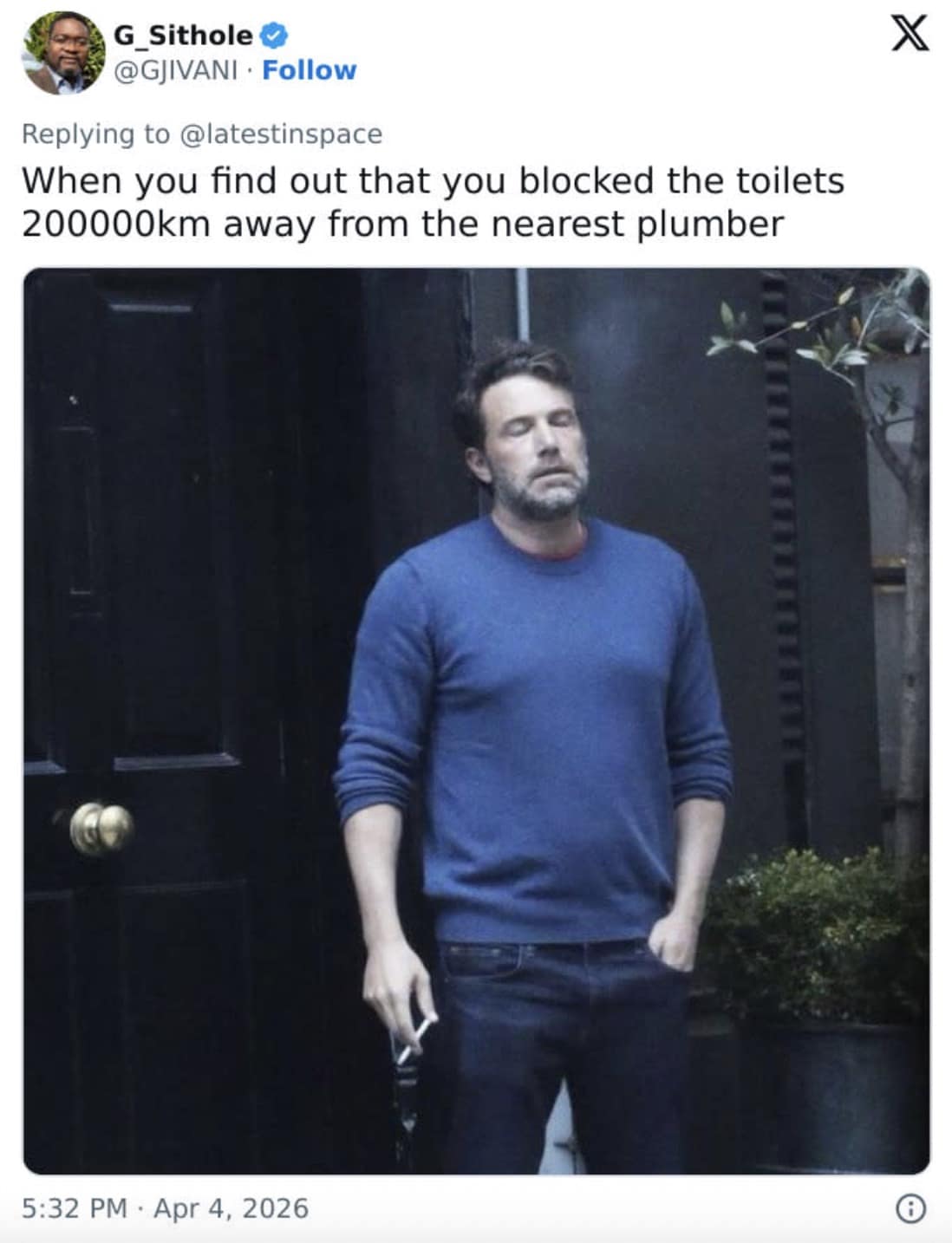 The iconic "Exhausted Ben Affleck" artemis ii meme, used to represent the crew's reaction to finding out they blocked the toilets while 200,000km away from the nearest plumber.