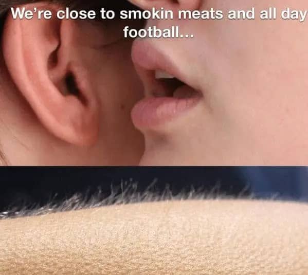 A whisper in an ear causing goosebumps with a caption about smoking meats and football.