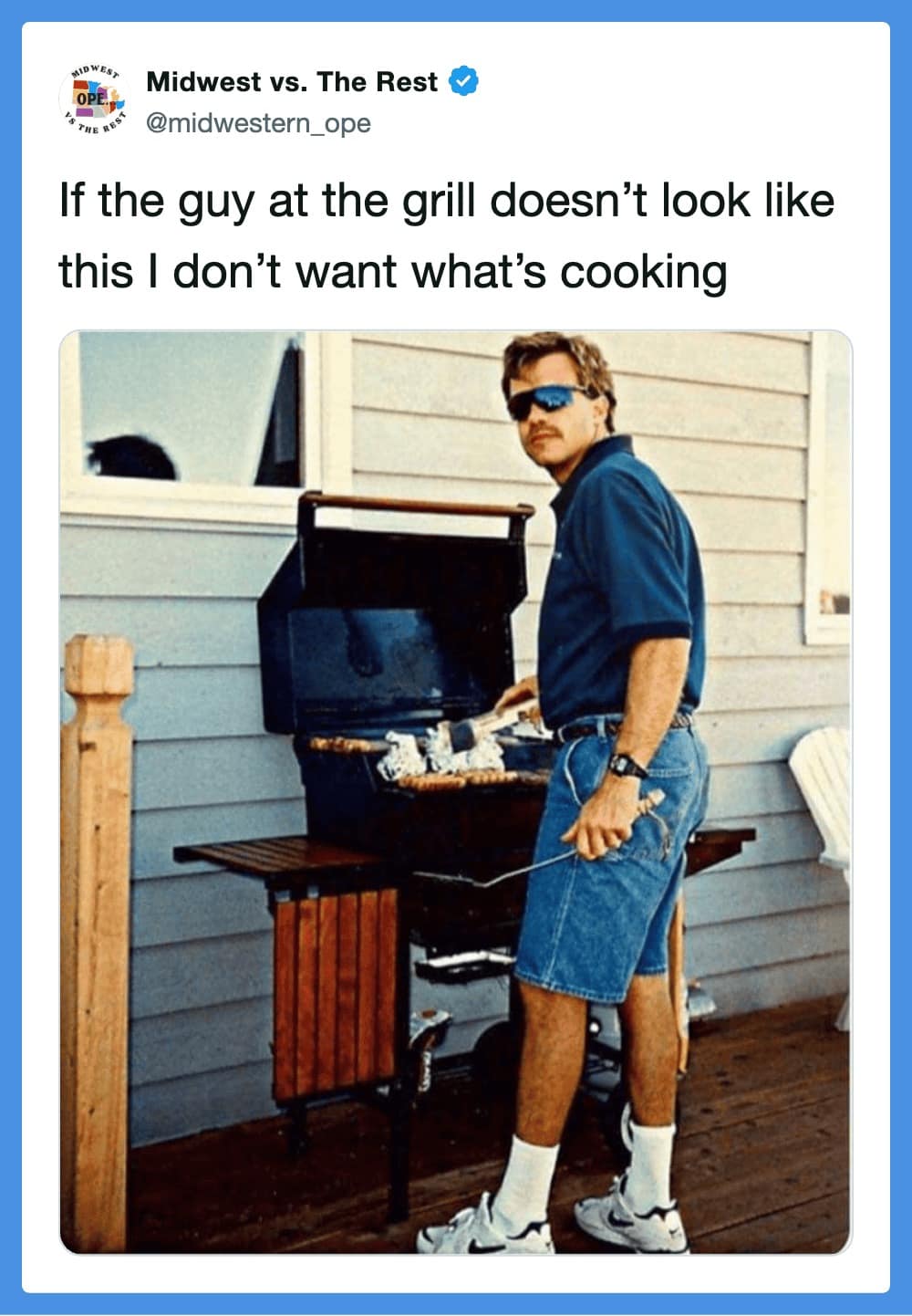 grilling meme showcasing the "Final Boss" of Midwest cookouts. The photo features a man in a blue polo, denim shorts, high-top New Balances, and wraparound sunglasses. The @midwestern_ope tweet declares: "If the guy at the grill doesn't look like this I don't want what's cooking."