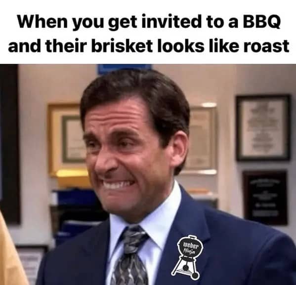 Michael Scott cringing at a BBQ where the brisket looks like a dry pot roast.