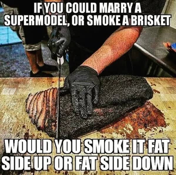 Someone slicing a perfectly smoked brisket with a choice between supermodels or BBQ techniques.