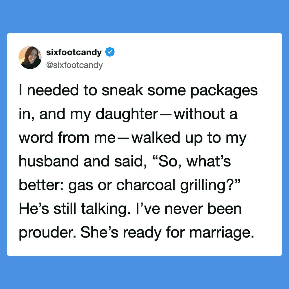 A tactical grilling meme tweet from sixfootcandy. She describes using her daughter to launch a "Gas vs. Charcoal" debate as a distraction, effectively stunning her husband for hours so she could sneak shopping packages into the house unnoticed.