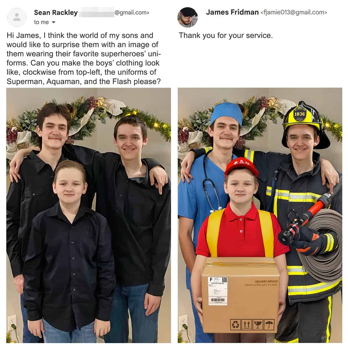 A "luxury" best of James Fridman photoshop edit. A woman asks to remove a dirty, bird-poop-covered wooden ledge in her photo; James transforms it into a fancy outdoor dining table with a white cloth and a glass of wine.