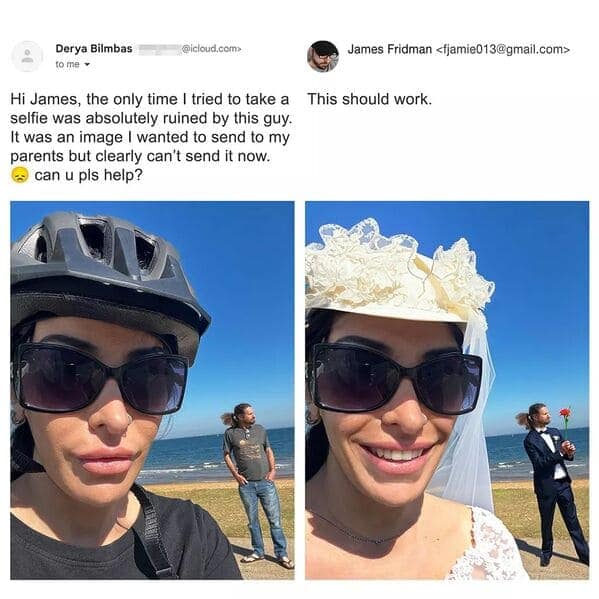classic "be careful what you wish for" from the best of James Fridman photoshop. A woman wants a stranger removed from her beach selfie; James "fixes" it by turning the scene into a forced wedding, giving her a lace veil and putting the stranger in a full tuxedo holding a single red rose.