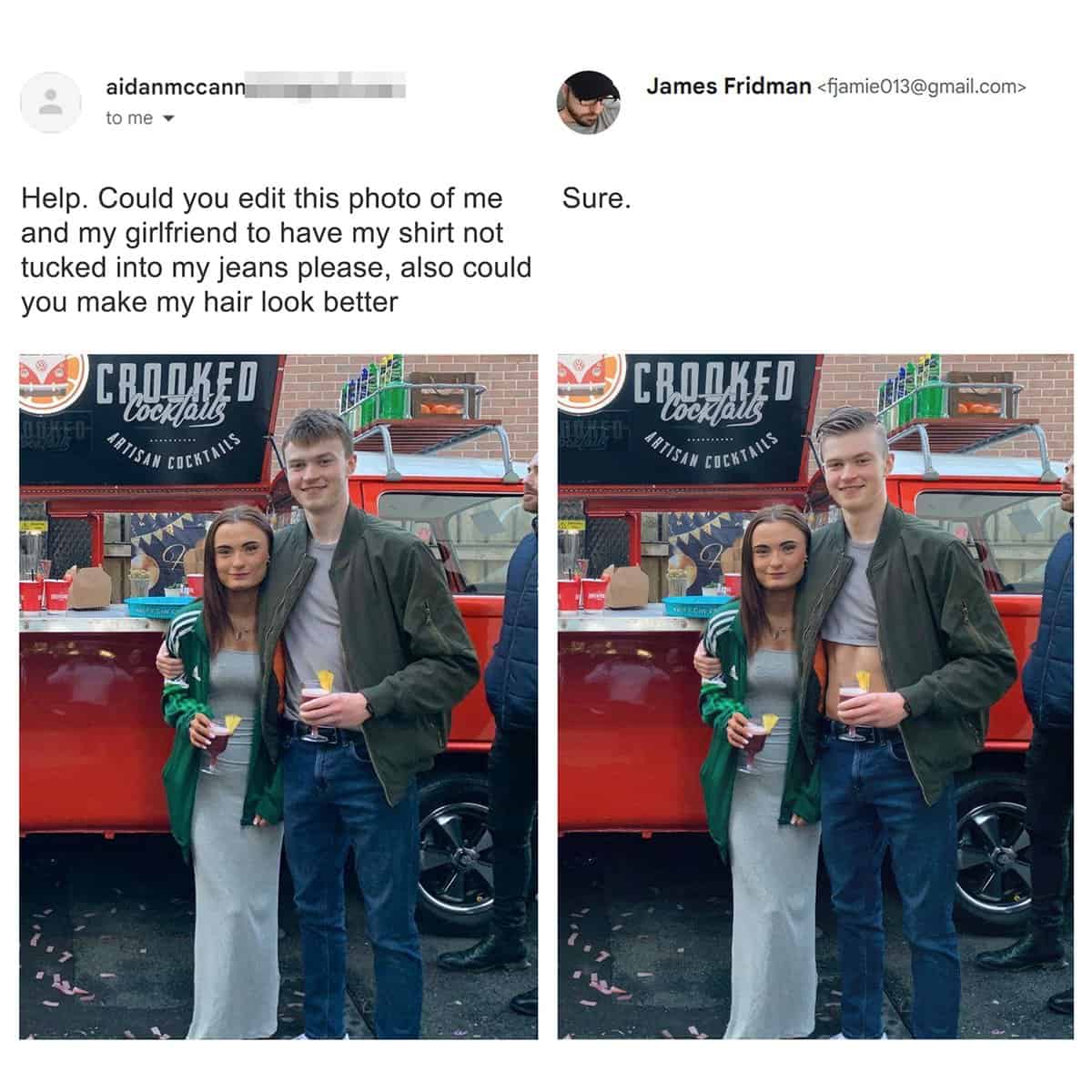 Part of the best of James Fridman photoshop archives. A girl in a floral top asks to have the "stuff" behind her removed; James takes it literally, deleting the entire wall and door to reveal a hollowed-out, crumbling building ruin.
