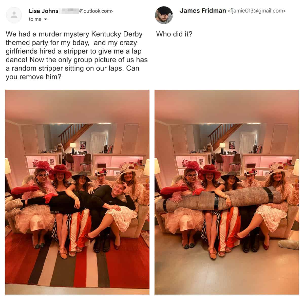 Featured in the best of James Fridman photoshop, a young man asks for a bigger belt buckle; James obliges by creating a massive, house-sized trophy buckle that spans the man's entire body.