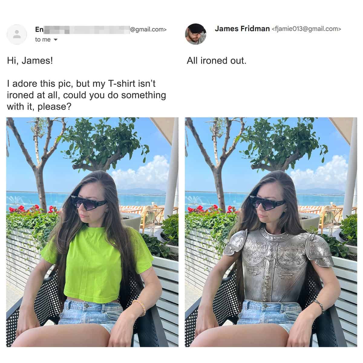 A funny best of James Fridman photoshop moment where a user asks to erase a man in the background of his dog photo; James erases everyone except the tiny dog, filling the entire frame with its face.
