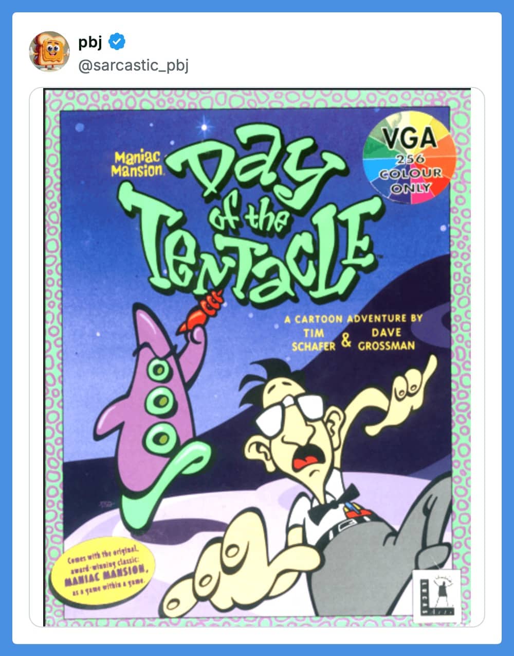 Day of the Tentacle Maniac Mansion sequel cover with cartoon characters and VGA 256 color graphics designation.