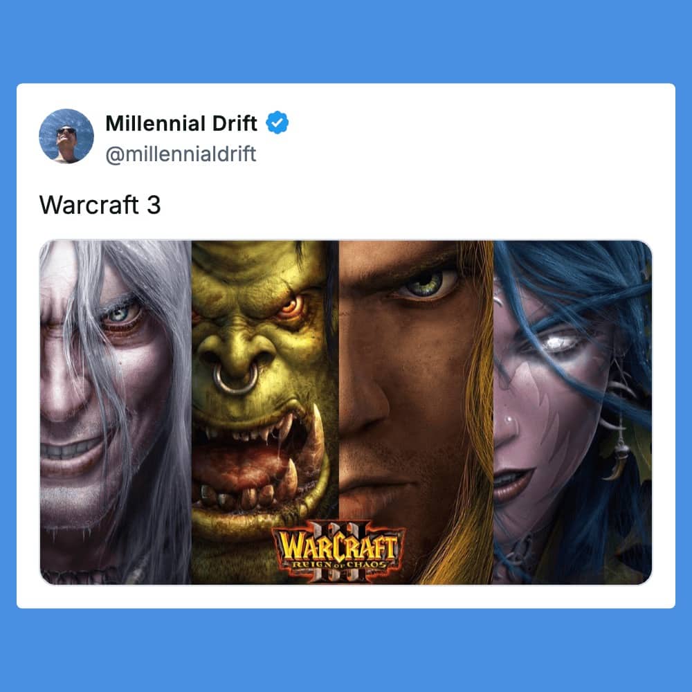 Warcraft 3 Reign of Chaos cover featuring four faction characters: undead, orc, human, and night elf
