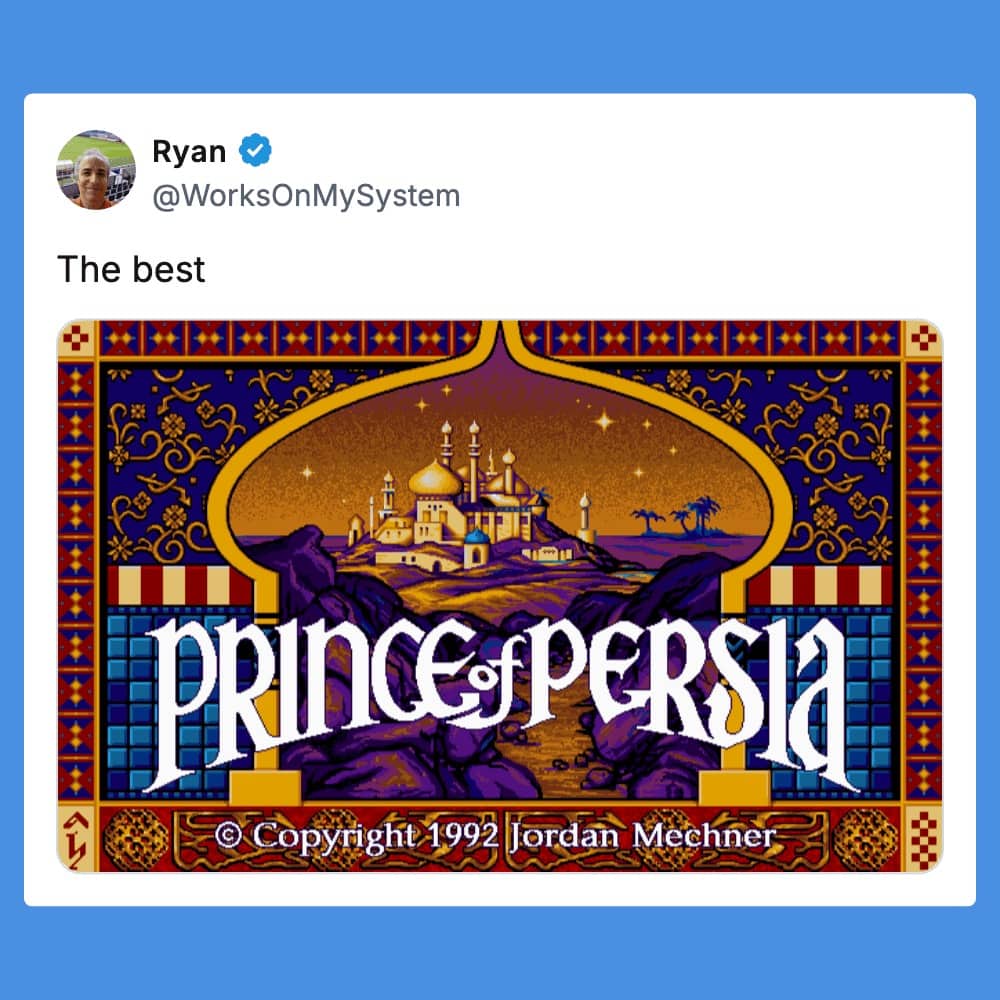 Prince of Persia 1992 title screen featuring ornate palace illustration and decorative Persian carpet borders.