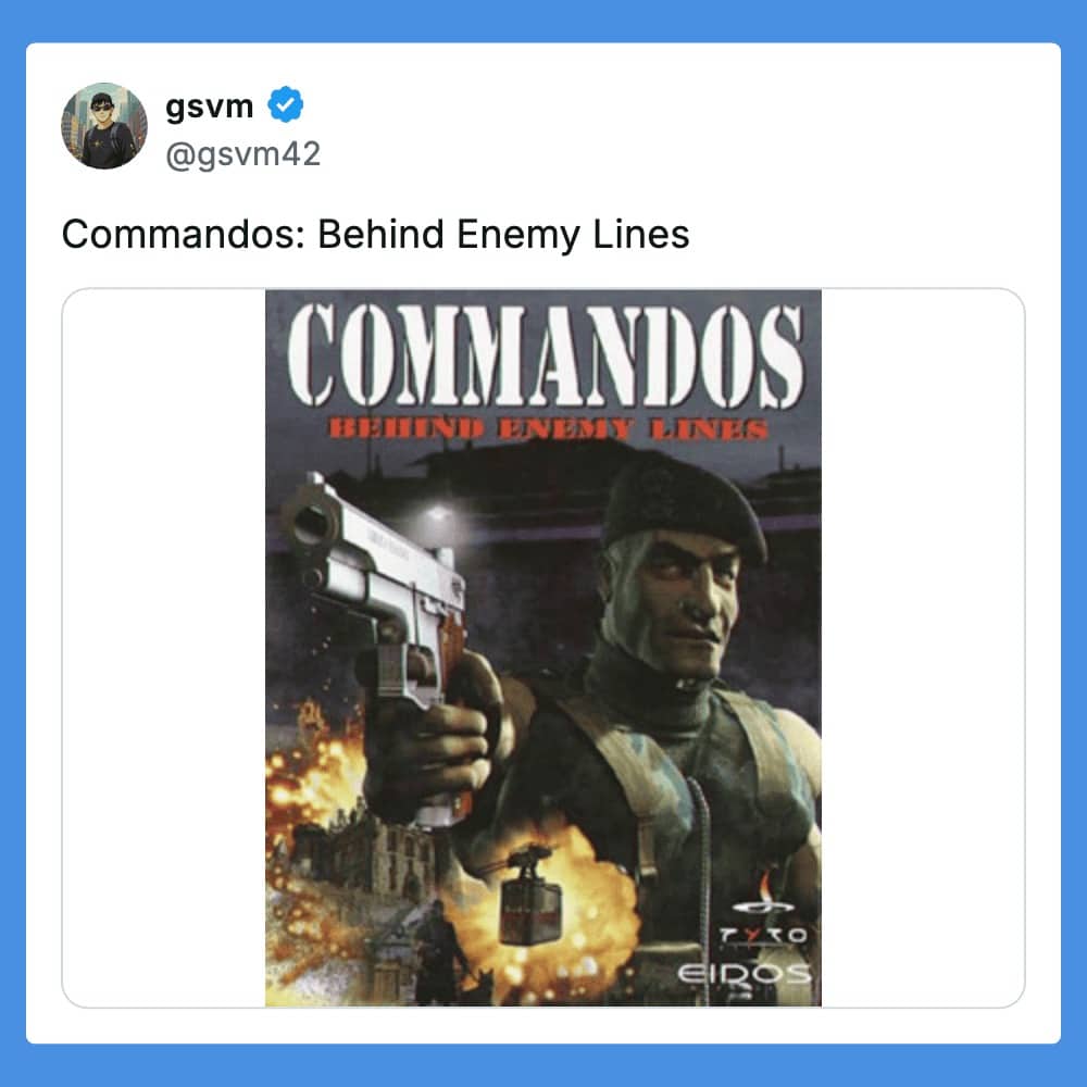 Commandos: Behind Enemy Lines PC game cover featuring soldier with pistol against explosive World War II backdrop.