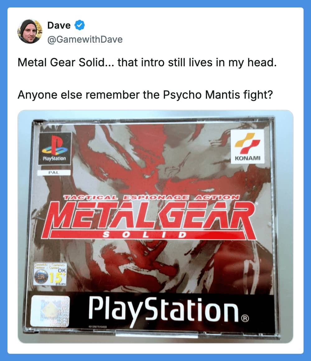 Metal Gear Solid PlayStation case shown in tweet about iconic 90s tactical espionage action game memories.
