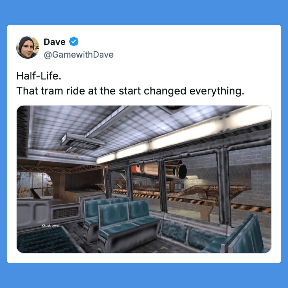 Half-Life screenshot of the iconic Black Mesa tram ride that revolutionized first-person shooter game intros.