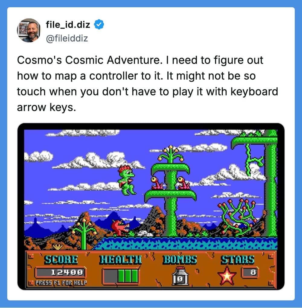 Cosmo's Cosmic Adventure pixel art screenshot featuring green alien character collecting stars in retro PC platformer.