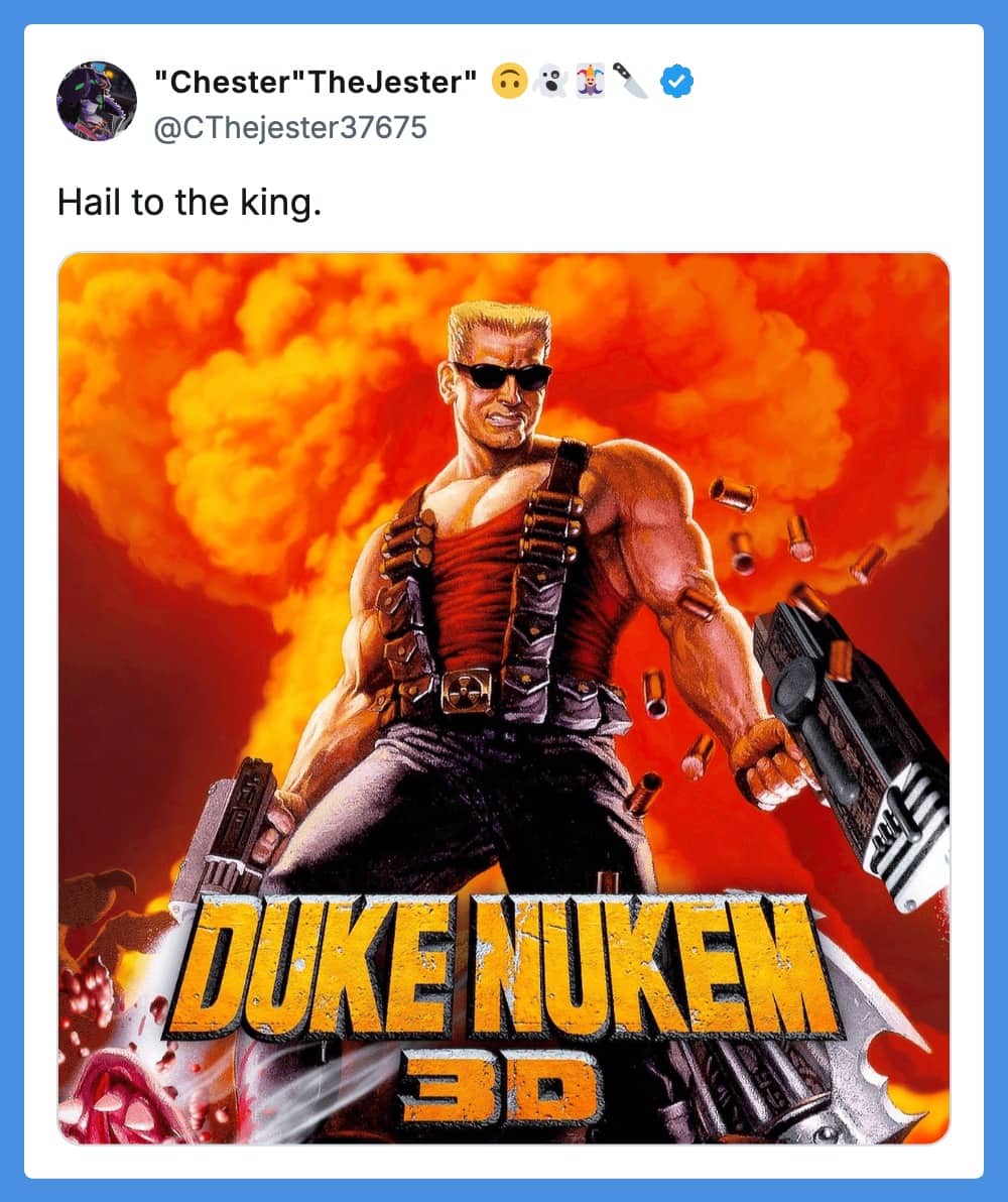 Duke Nukem 3D cover art featuring iconic muscular hero with sunglasses and dual weapons against fiery backdrop.
