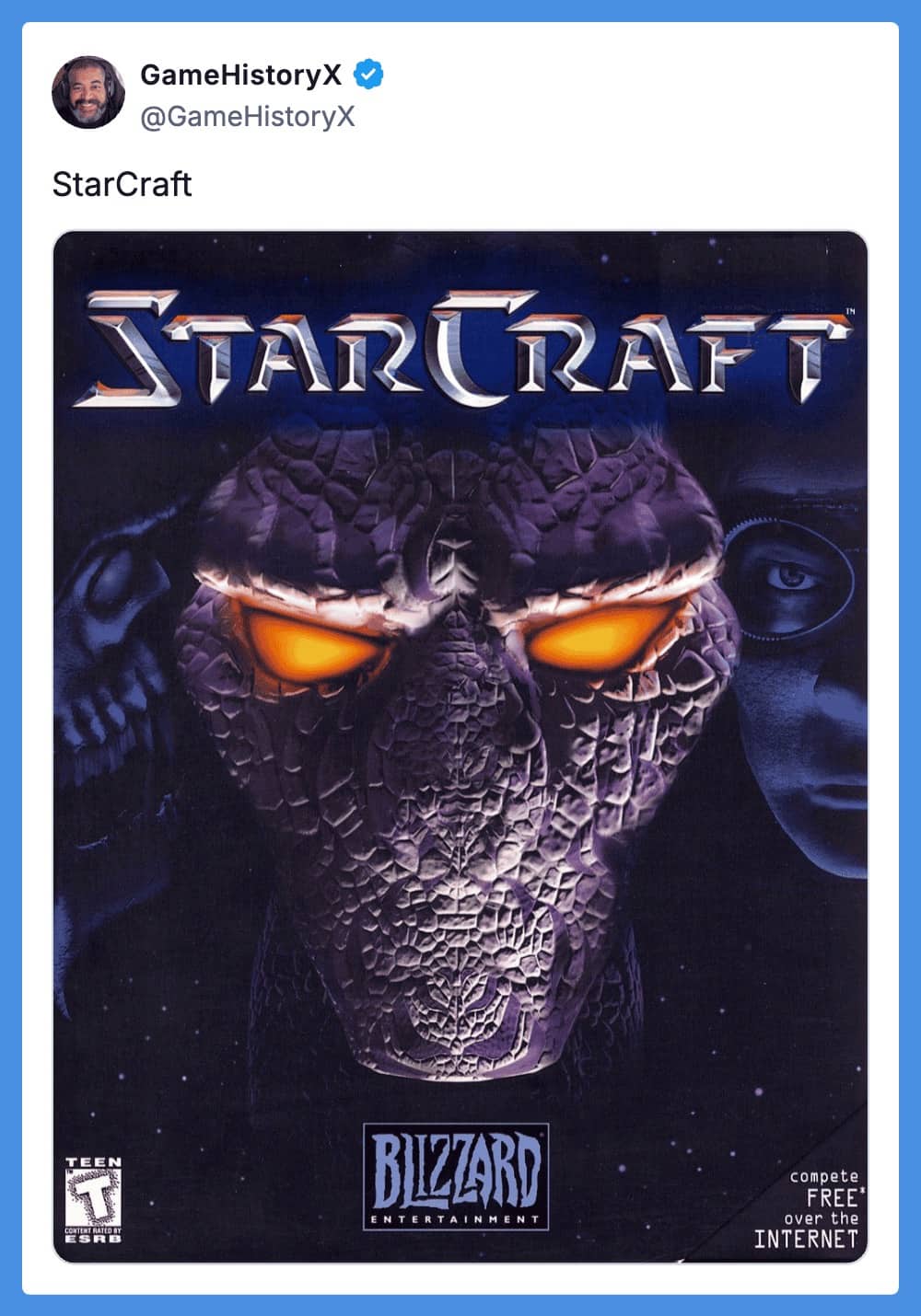 StarCraft Blizzard PC game cover featuring menacing alien Zerg face with glowing orange eyes and Protoss silhouette.