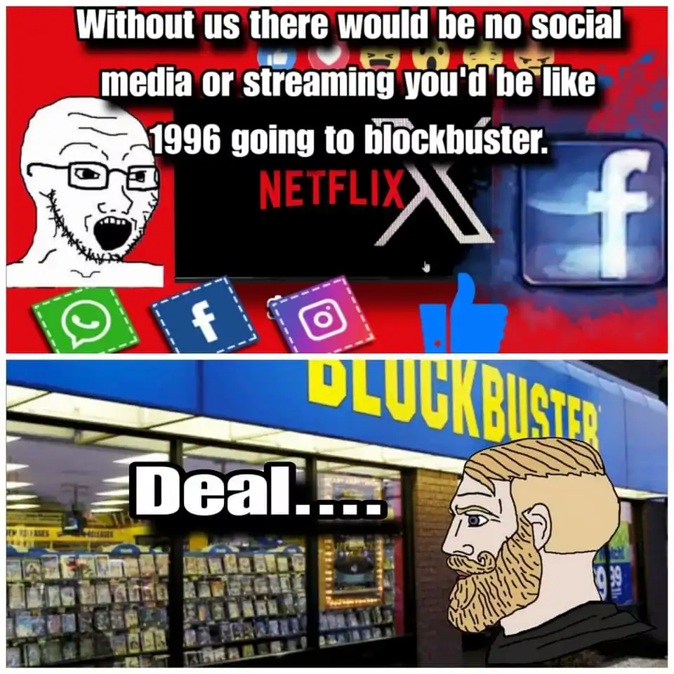 Wojak meme where Chad chooses going to Blockbuster 1996 over all modern social media